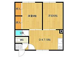 フラワーハイツ 2階2DKの間取り