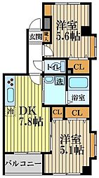 フォレスト壱番館 3階2DKの間取り