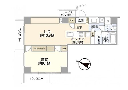 LDK13.7帖、洋室9.1帖。9.1帖の洋室は2つに分けて2LDKにする事も可能です。寝室とLDKをしっかり分けられ、単身者からDINKSまで快適に暮らせます。