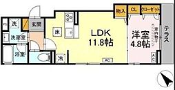 アップルベリーフィールズ 1階1LDKの間取り