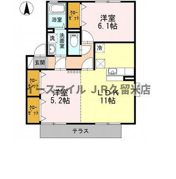 福岡県うきは市浮羽町朝田(賃貸アパート2LDK・1階・55.10㎡)の写真 その2