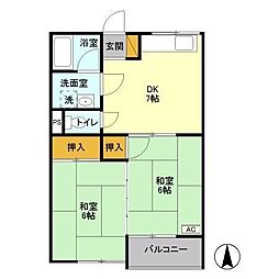 JR青梅線 昭島駅 徒歩25分の賃貸マンション 1階2DKの間取り