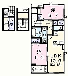 JR八高線 拝島駅 徒歩3分の賃貸アパート 3階2LDKの間取り