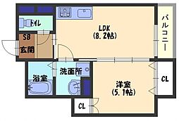 クリエオーレ野里 2階1LDKの間取り