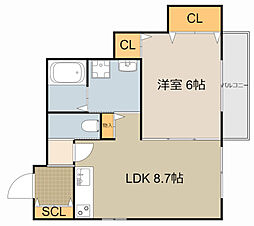 レユシール金田I 2階1LDKの間取り