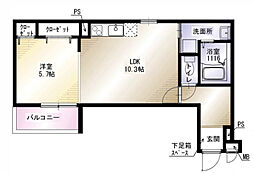 フジパレス上神田III番館 2階1LDKの間取り