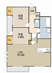仮)リアンコート 2階2LDKの間取り