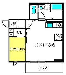 シャルムA 1階1LDKの間取り