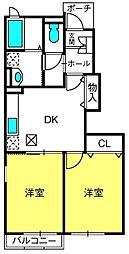 プリムヴェール 1階2DKの間取り