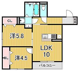 セレスティア西綾瀬 3階2LDKの間取り
