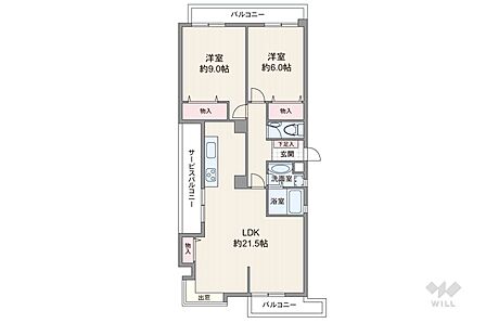 間取りは専有面積80.08平米の2LDK。LDK約21.5帖のプラン。複数方向に採光部があり、バルコニー面積は24.43平米です。