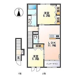リヴィエール 2階2LDKの間取り