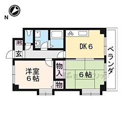 JR草津線 手原駅 徒歩13分の賃貸マンション 2階2DKの間取り