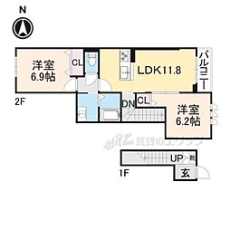 JR北陸本線 長浜駅 徒歩10分の賃貸アパート 2階2LDKの間取り