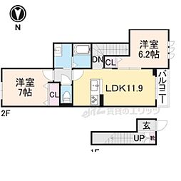 JR北陸本線 長浜駅 徒歩10分の賃貸アパート 2階2LDKの間取り