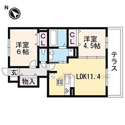 JR湖西線 おごと温泉駅 徒歩17分の賃貸アパート 1階2LDKの間取り