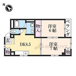 エミエール山田川 2DKの間取図画像