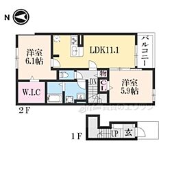 JR関西本線 木津駅 徒歩15分の賃貸アパート 2階2LDKの間取り