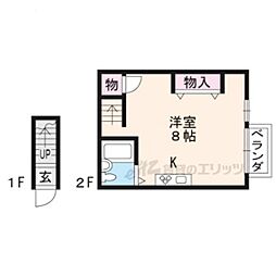 京都市営烏丸線 くいな橋駅 徒歩9分の賃貸アパート 2階ワンルームの間取り