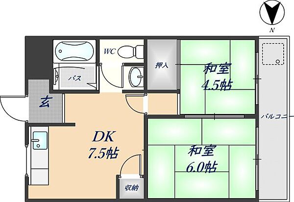 TKスカイハイツ 3C｜大阪府東大阪市若江本町1丁目(賃貸マンション2DK・3階・35.00㎡)の写真 その2