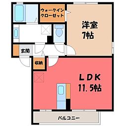 グラディオン B 1階1LDKの間取り