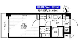 都営大江戸線 牛込柳町駅 徒歩6分の賃貸マンション 3階1Kの間取り