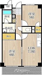 久光マンション 6階2LDKの間取り