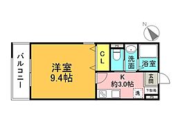 ロータスハイム 3階1Kの間取り