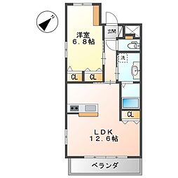 大原駅前セントラルマンション 2階1LDKの間取り