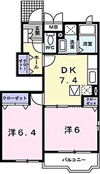 リバーサイド・ハーモニー　Ｂ 1階2DKの間取り