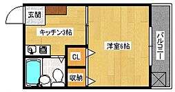 大須ハイツ 2階1Kの間取り