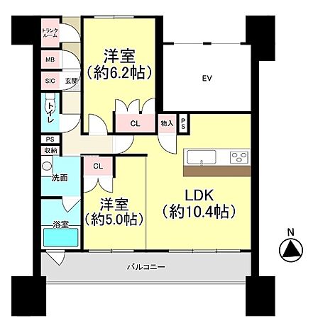 南向きバルコニー付きの2LDK