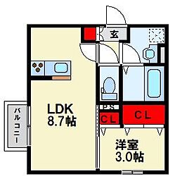 D-ROOM桜本城 1LDKの間取図画像