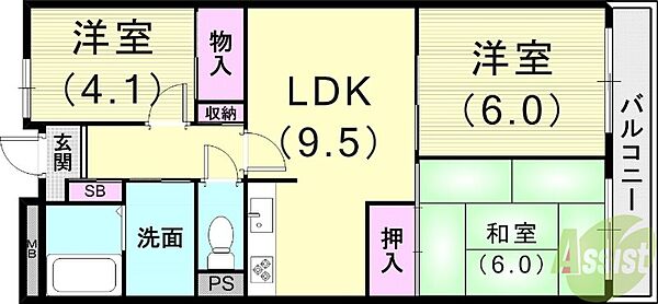 住吉ハウス ｜兵庫県神戸市東灘区住吉本町3丁目(賃貸マンション3LDK・2階・61.02㎡)の写真 その2