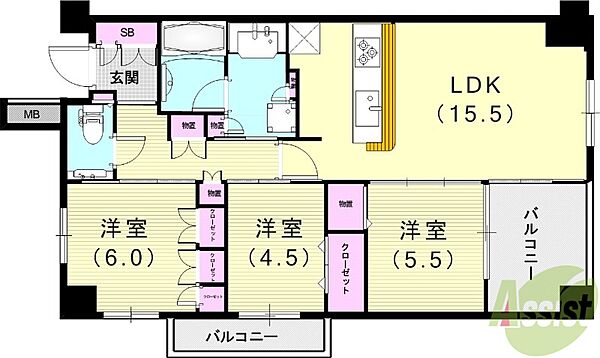 イニシア神戸森北町 ｜兵庫県神戸市東灘区森北町4丁目(賃貸マンション3LDK・3階・74.91㎡)の写真 その2