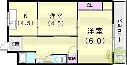 ヴィラ本山 2DKの間取図画像