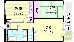 芦屋ライフ 2DKの間取図画像