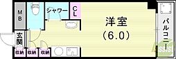 キューブ芦屋 ワンルームの間取図画像