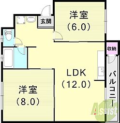 鶴甲コーポ14号館 2LDKの間取図画像