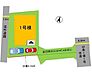 間取り：1号棟の区画図です。42条1項1号の市道に接道し、スムーズなアクセスを確保。法外道路にも面しており、開放感があります。駐車スペースも2台分確保。