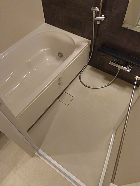 落ち着いた色合いの浴室で、一日の疲れを癒すバスタイムをお過ごしください。シャワーと浴槽が備わっており、多様な入浴スタイルに対応します。