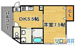 パーラム淡路 2階1DKの間取り