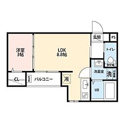 シャンブル高畑 1階1LDKの間取り