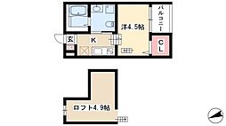 ラフェリオII 2階1Kの間取り
