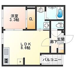ハーモニーテラス安立IV 1階1LDKの間取り