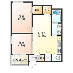 F asecia KENSHU 2階2LDKの間取り