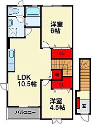 シャンドフルール B 2階2LDKの間取り