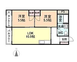 エンゼルハイム布瀬 2階2LDKの間取り