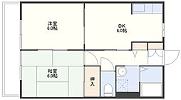シャーメゾンみたちA棟 2階2DKの間取り