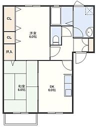 アメニティ原口 2階2DKの間取り